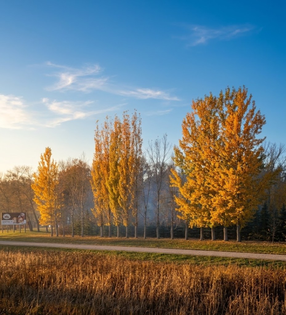 A scenic view of a tree-lined path featuring tall, golden autumn trees under a clear blue sky, with a grassy area in the foreground and a billboard in the background.